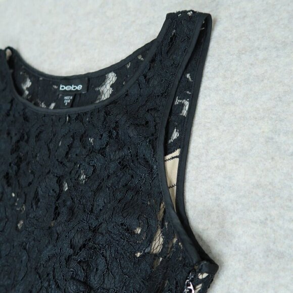 Bebe Black A-Line Crochet Dress Lined Evening Cocktail Midi Women's Size 8 - Picture 5 of 12